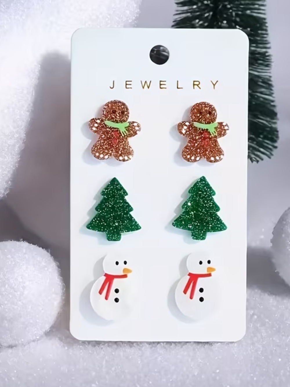 Christmas Stud Earring Set - Gingerbread, Green Tree, White Snowman